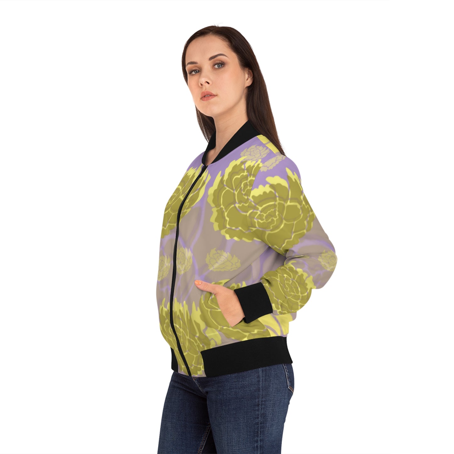 Yellow Rose Leaf Women's Bomber Jacket (AOP)
